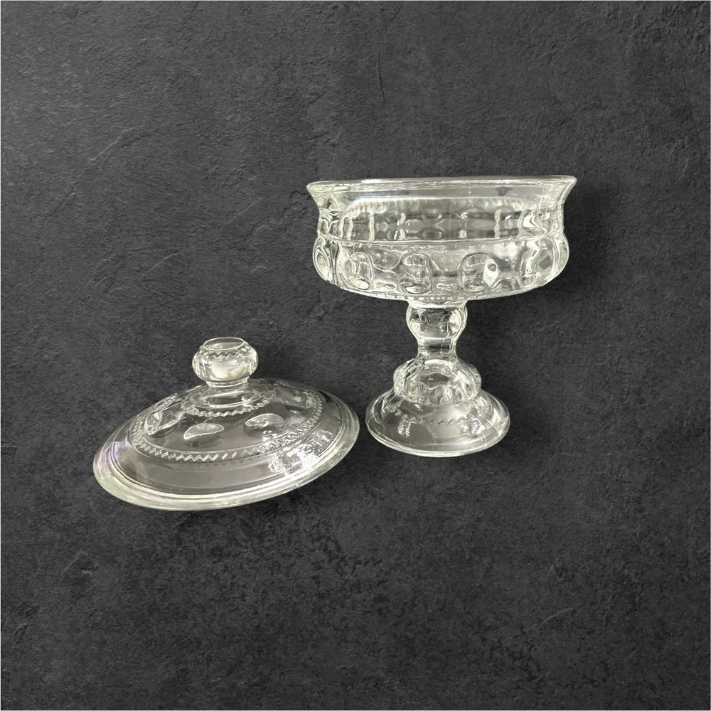 Vintage Indiana Glass Kings Crown Clear Thumbprint Pedestal Candy Dish With Lid